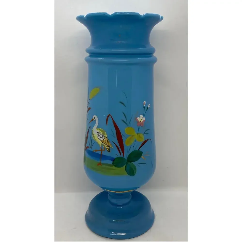 Late 19th Century Victorian Bristol Blue Glass Hand Painted and Enameled Vase